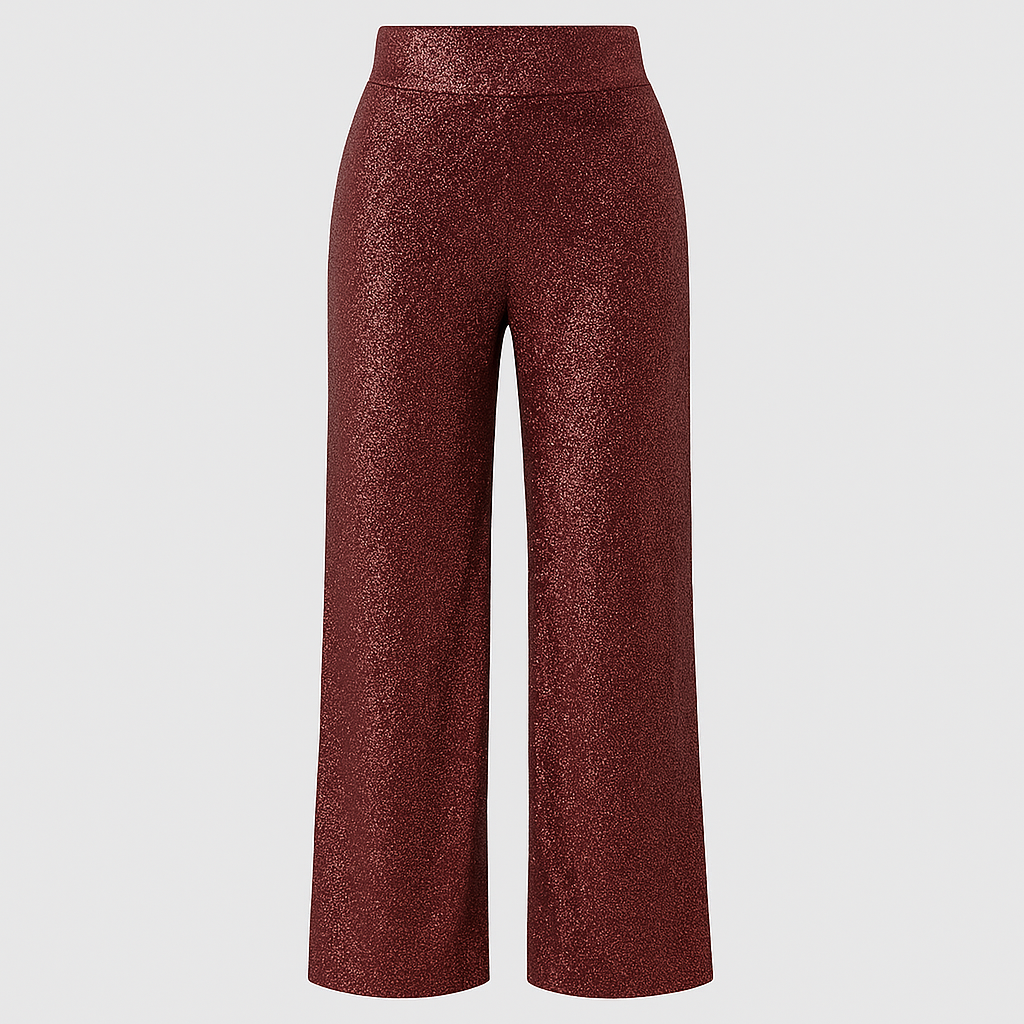 Wide-leg glitter pants with high-rise waist and shimmering finish, styled for glamorous statement looks