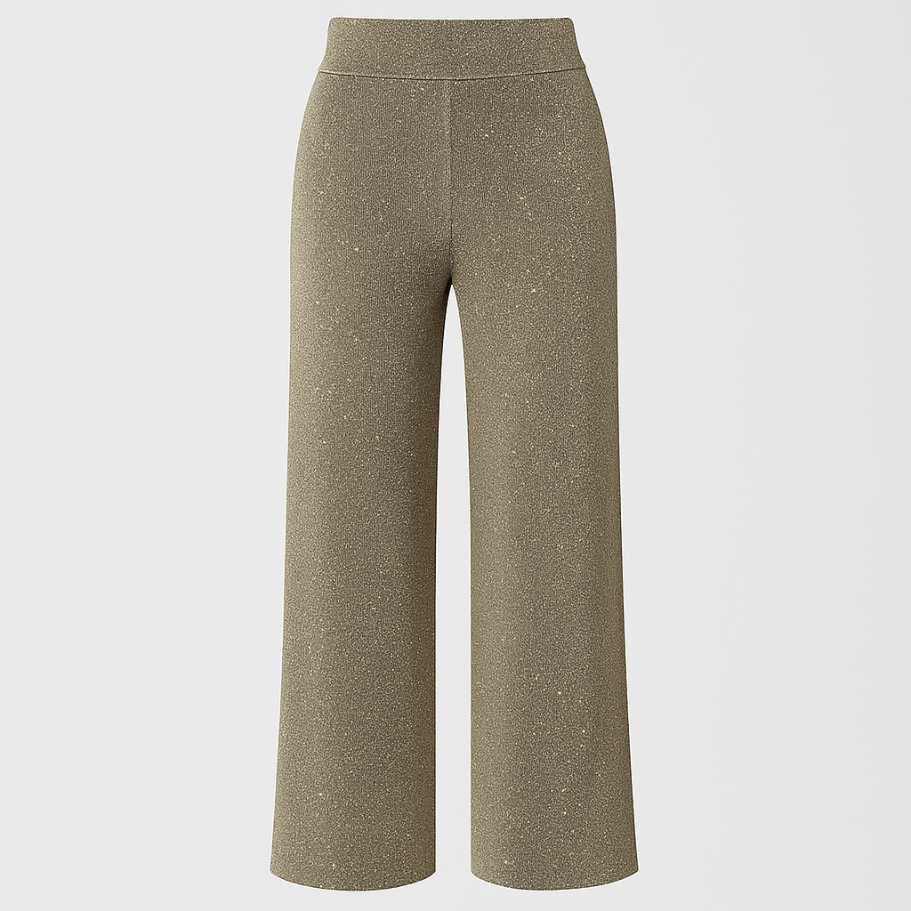 Wide-leg glitter pants with high-rise waist and shimmering finish, styled for glamorous statement looks