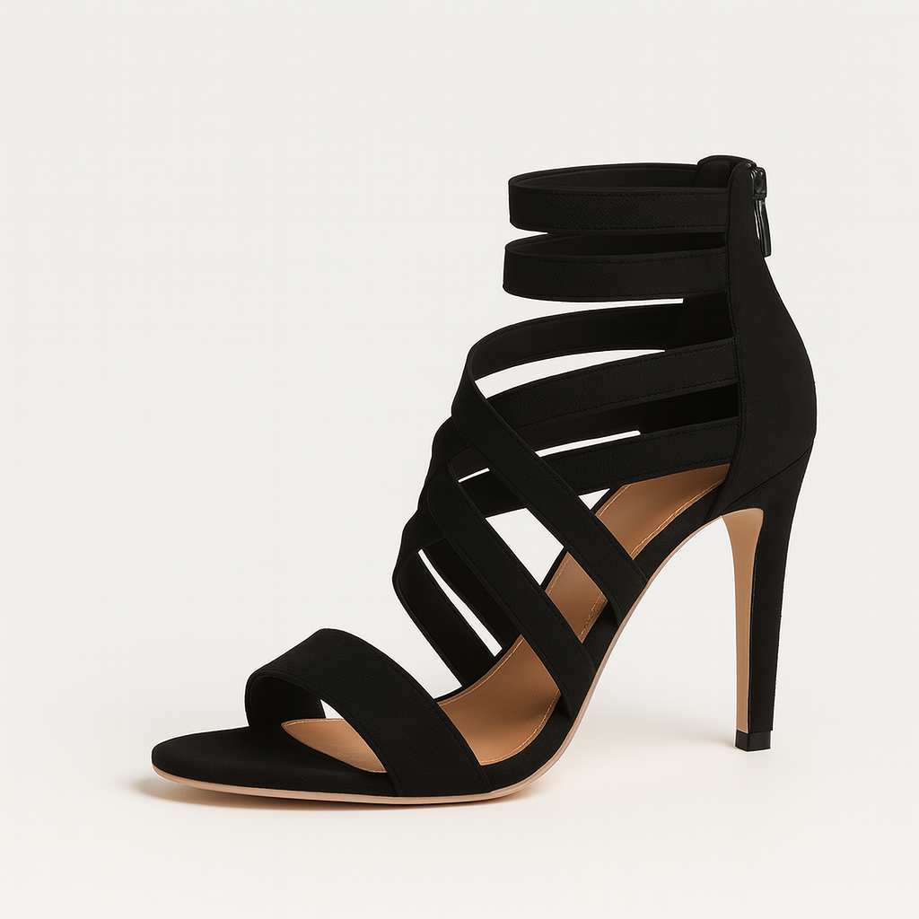 Black strappy stiletto sandals with ankle wrap design and back zipper closure