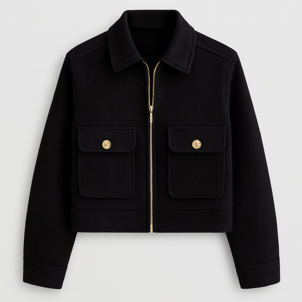A cropped blazer with long sleeves, a notched lapel neckline, a single-button closure, and a textured finish.