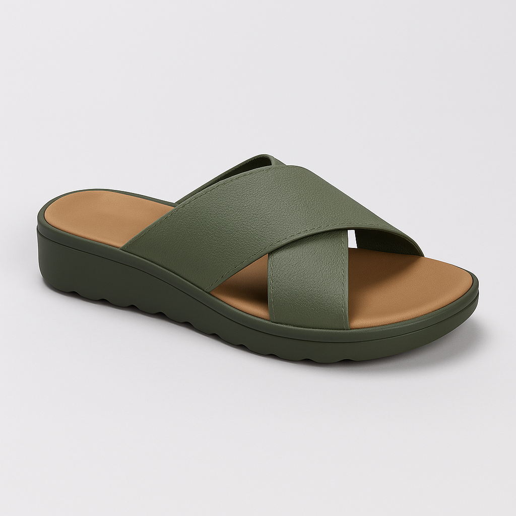 Slide sandal with wide crisscross straps and contoured sole.