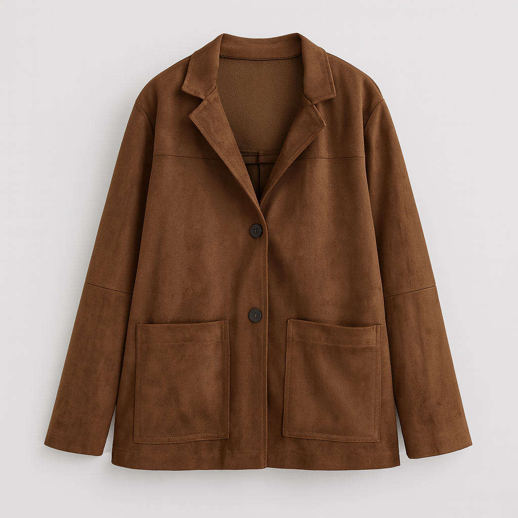 Brown suede blazer with notched lapel and front pockets, styled casually with lingerie and light trousers