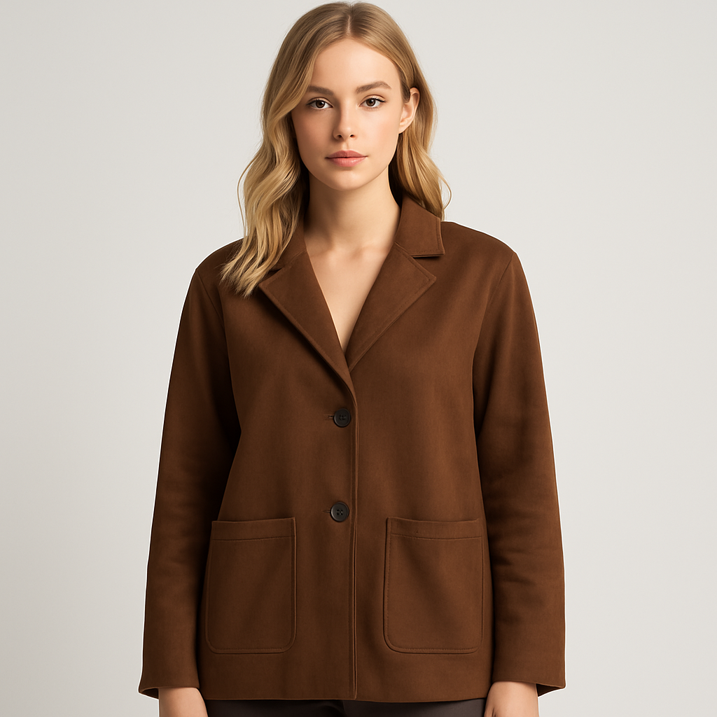 Brown suede blazer with notched lapel and front pockets, styled casually with lingerie and light trousers