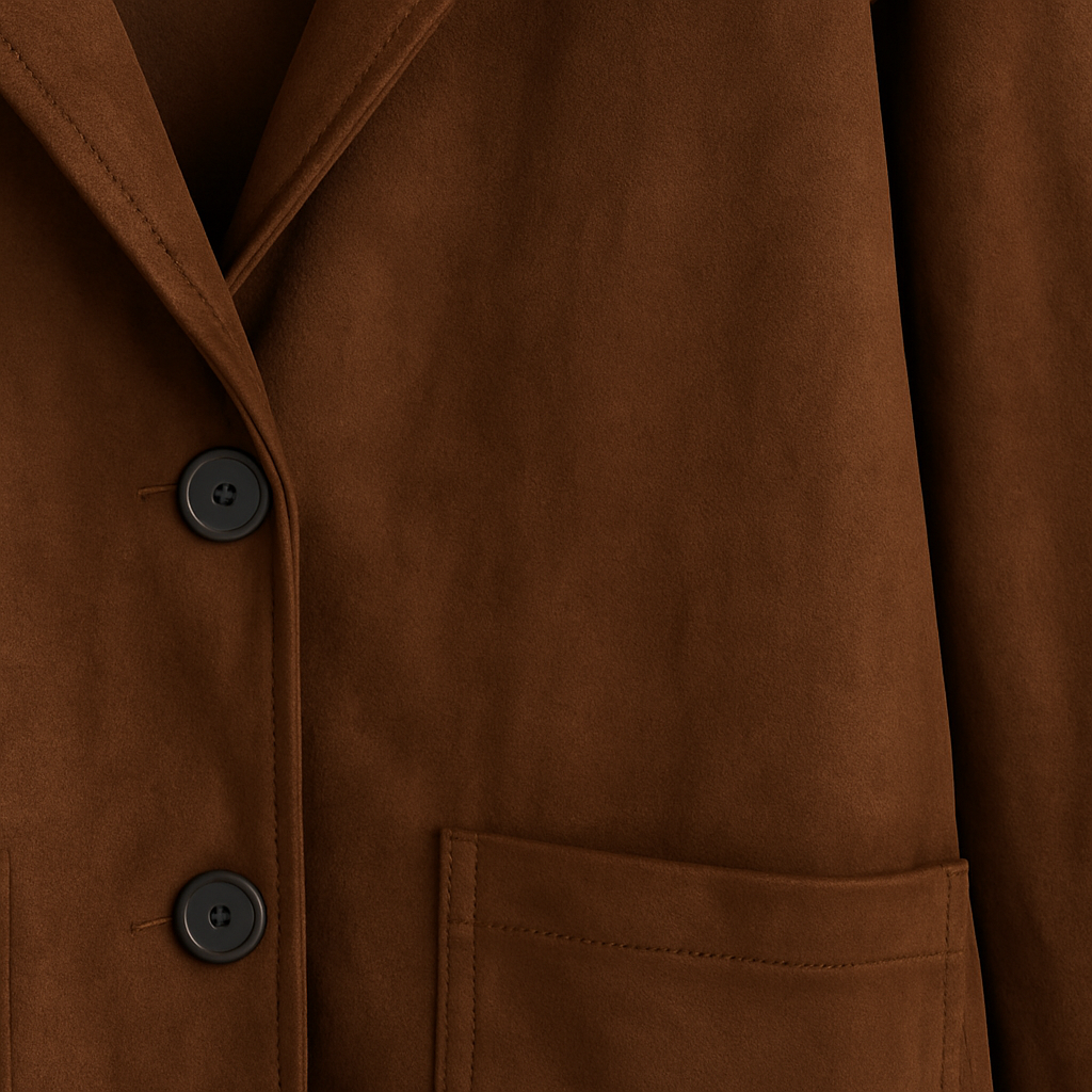 Brown suede blazer with notched lapel and front pockets, styled casually with lingerie and light trousers