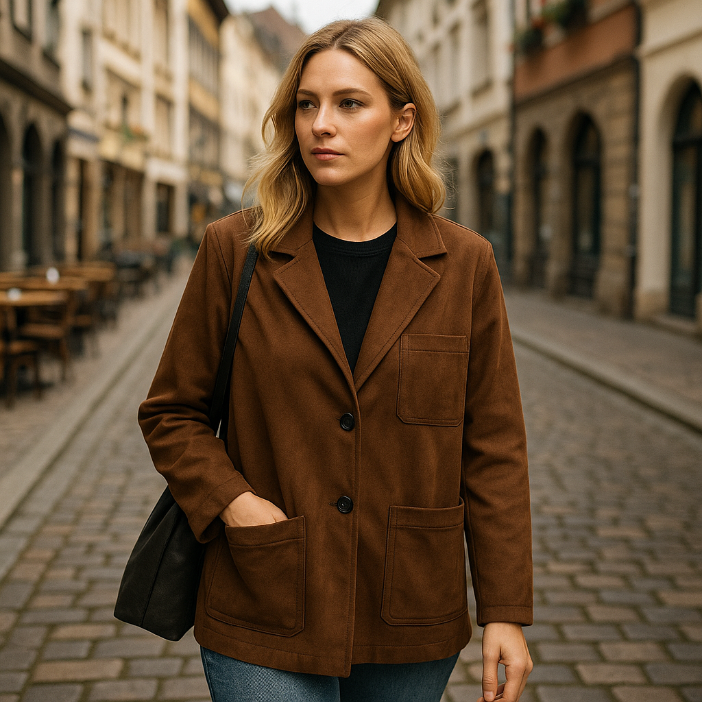 Brown suede blazer with notched lapel and front pockets, styled casually with lingerie and light trousers