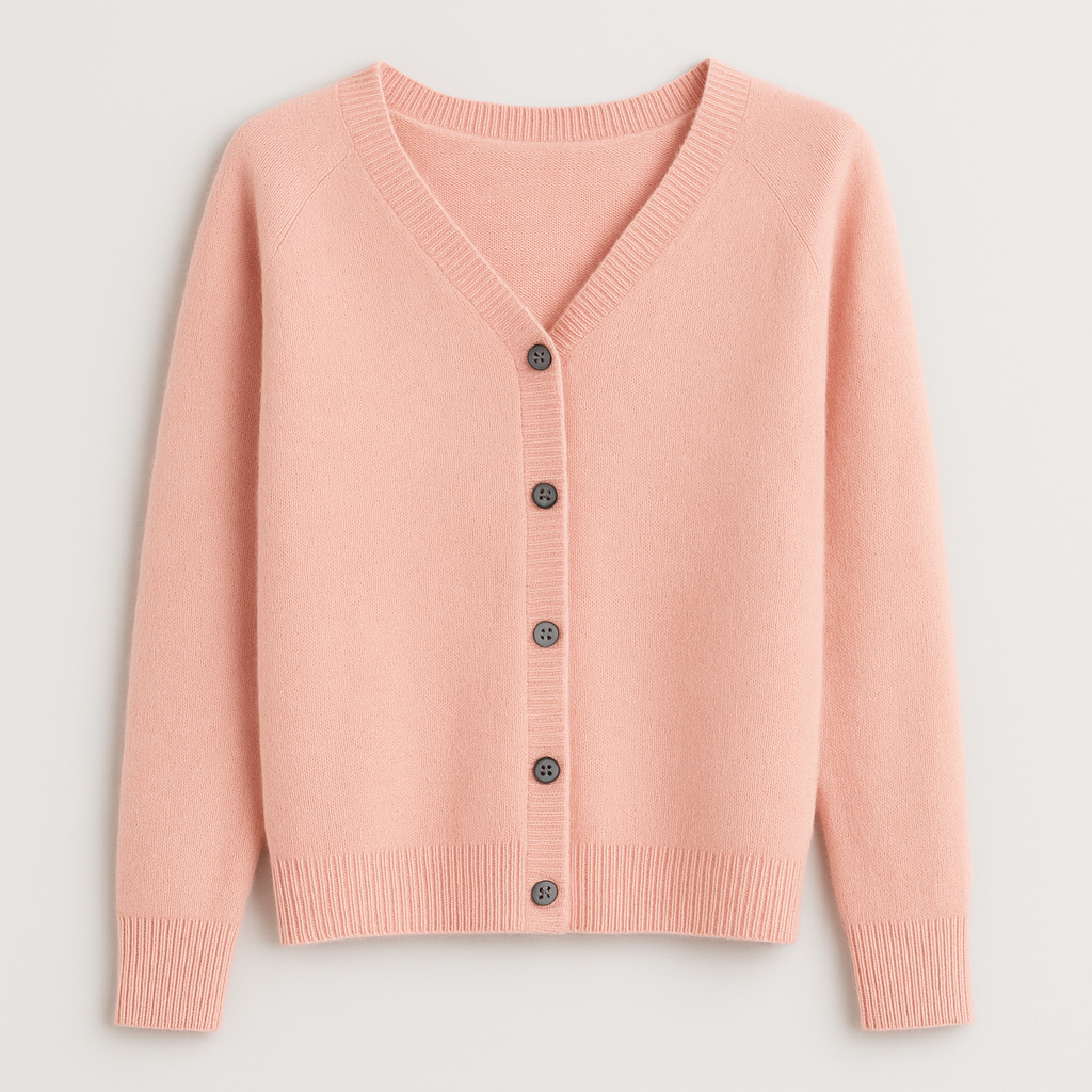 A plain knitted cardigan with a V-neckline, long sleeves, and front button closure.