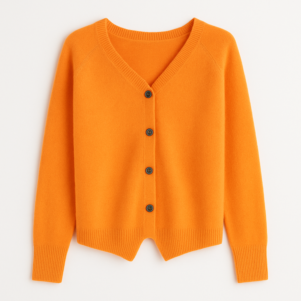 A plain knitted cardigan with a V-neckline, long sleeves, and front button closure.