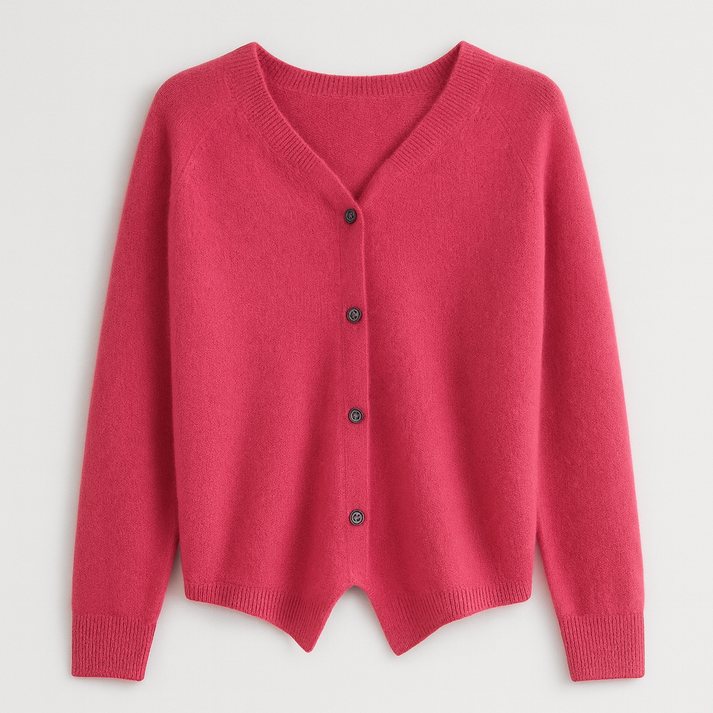 A plain knitted cardigan with a V-neckline, long sleeves, and front button closure.