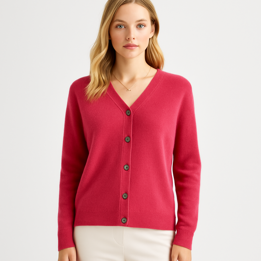 A plain knitted cardigan with a V-neckline, long sleeves, and front button closure.