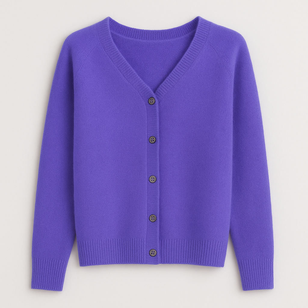 A plain knitted cardigan with a V-neckline, long sleeves, and front button closure.