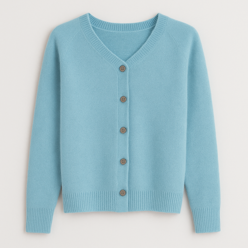 A plain knitted cardigan with a V-neckline, long sleeves, and front button closure.