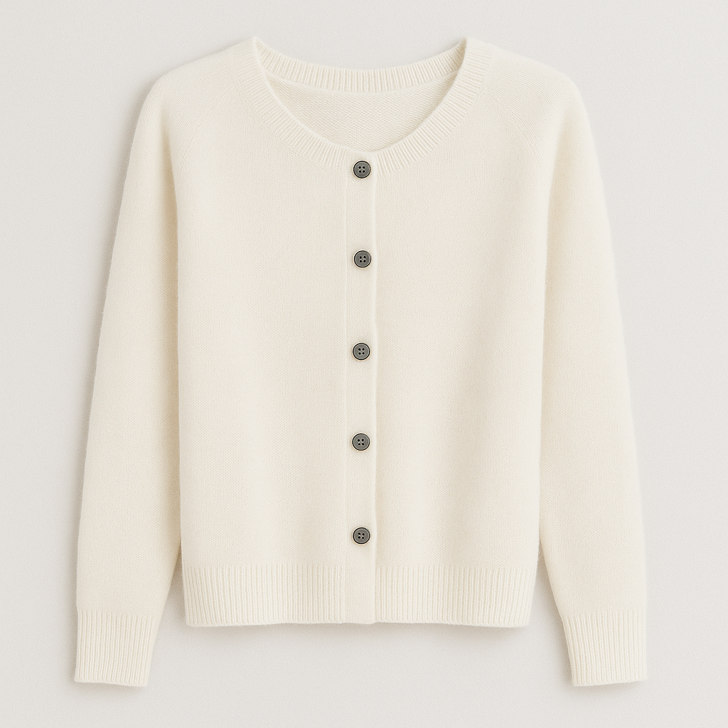 A plain knitted cardigan with a V-neckline, long sleeves, and front button closure.