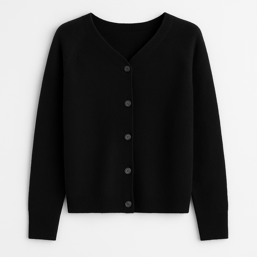 A plain knitted cardigan with a V-neckline, long sleeves, and front button closure.