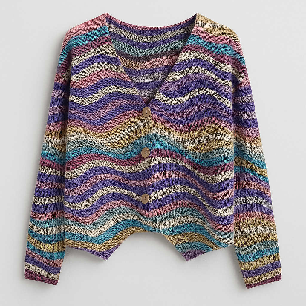 A knitted cardigan with a V-neckline, long sleeves, front button closure, and a colorful wavy striped pattern.