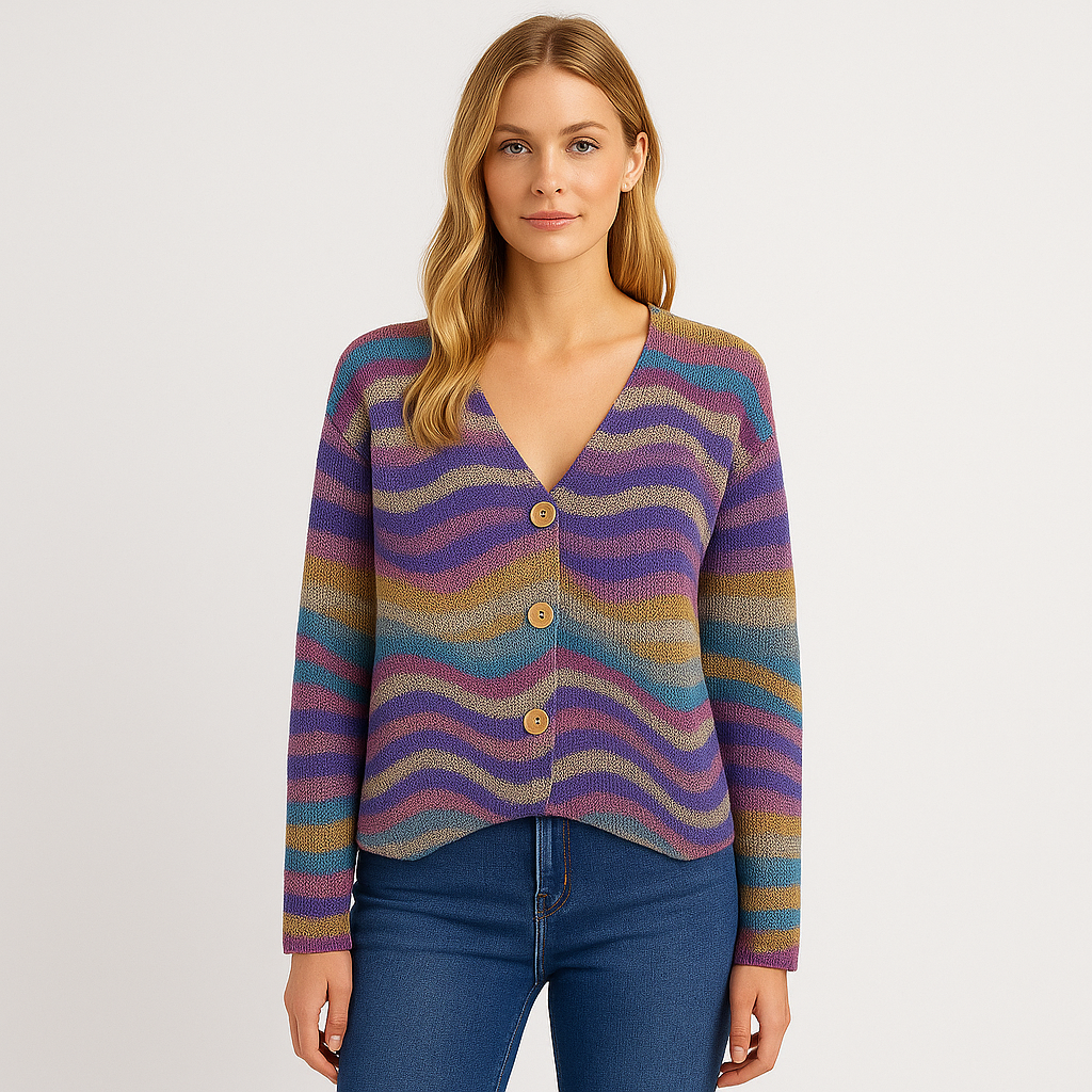 A knitted cardigan with a V-neckline, long sleeves, front button closure, and a colorful wavy striped pattern.