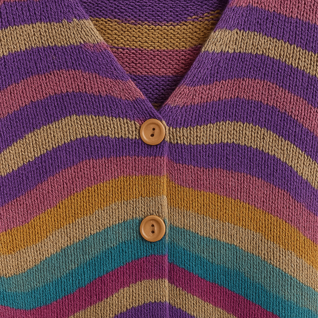 A knitted cardigan with a V-neckline, long sleeves, front button closure, and a colorful wavy striped pattern.
