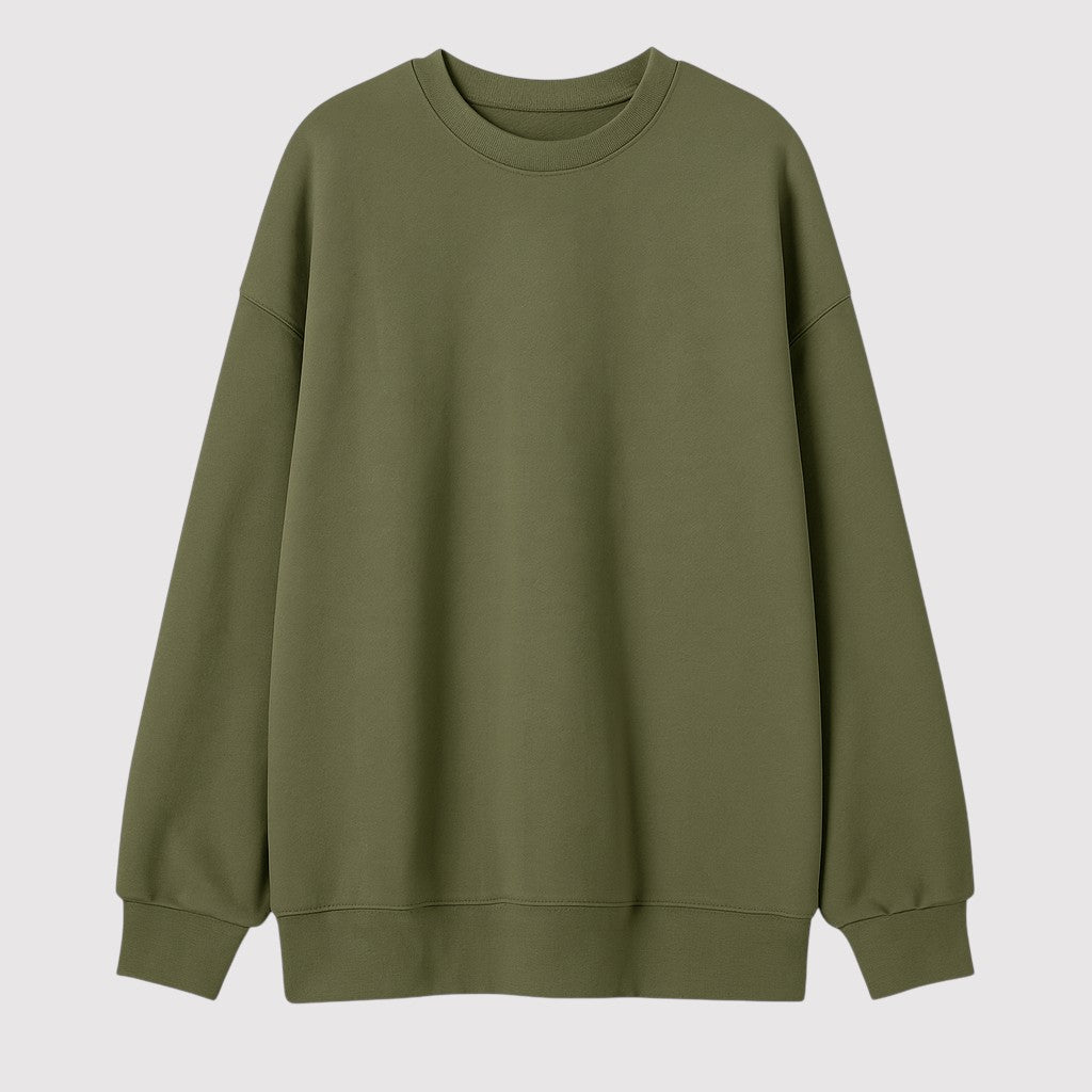A plain pullover sweatshirt with a crew neckline, long sleeves, and ribbed cuffs and hem.