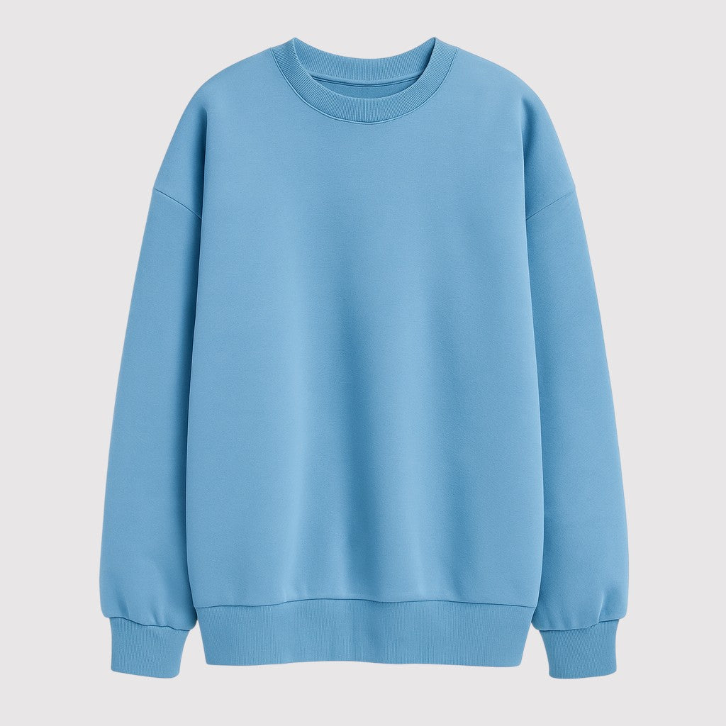 A plain pullover sweatshirt with a crew neckline, long sleeves, and ribbed cuffs and hem.