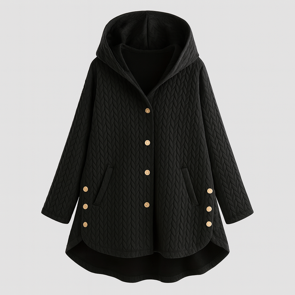 Quilted hooded coat with button-down front and relaxed fit, designed for cozy everyday wear