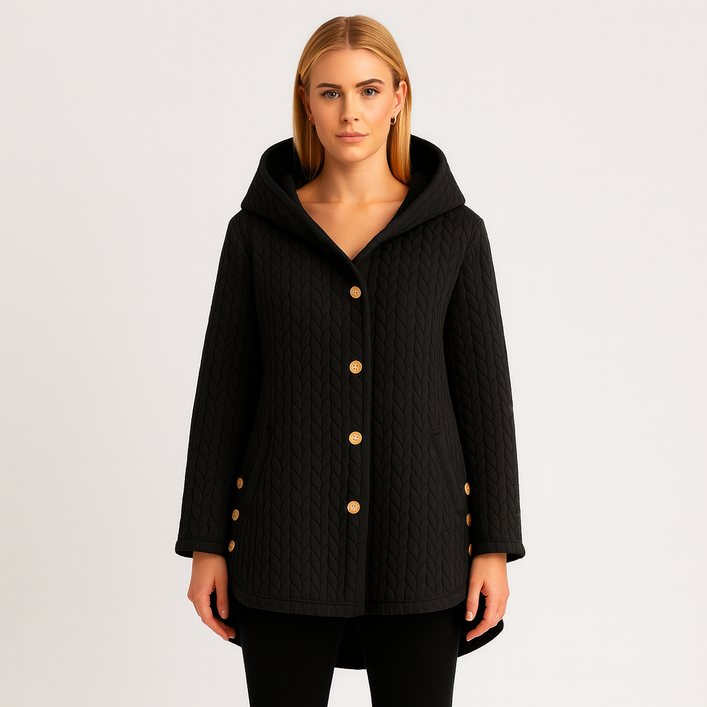 Quilted hooded coat with button-down front and relaxed fit, designed for cozy everyday wear
