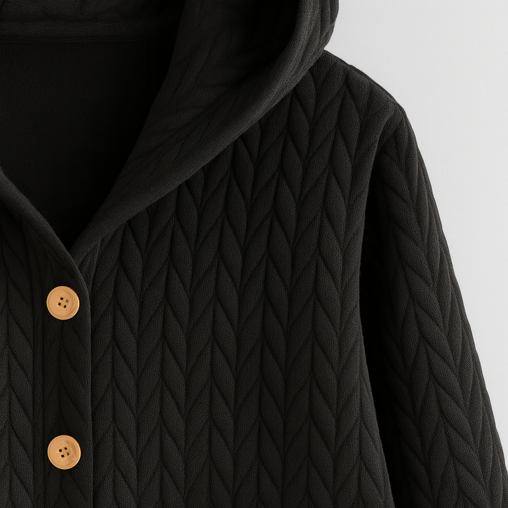 Quilted hooded coat with button-down front and relaxed fit, designed for cozy everyday wear