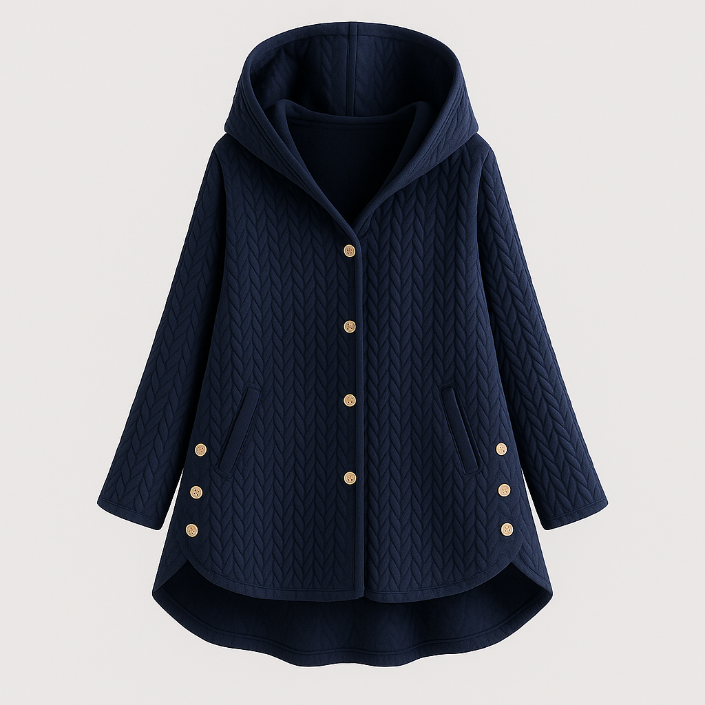 Quilted hooded coat with button-down front and relaxed fit, designed for cozy everyday wear