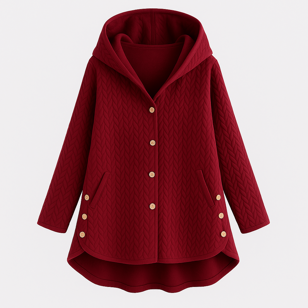 Quilted hooded coat with button-down front and relaxed fit, designed for cozy everyday wear