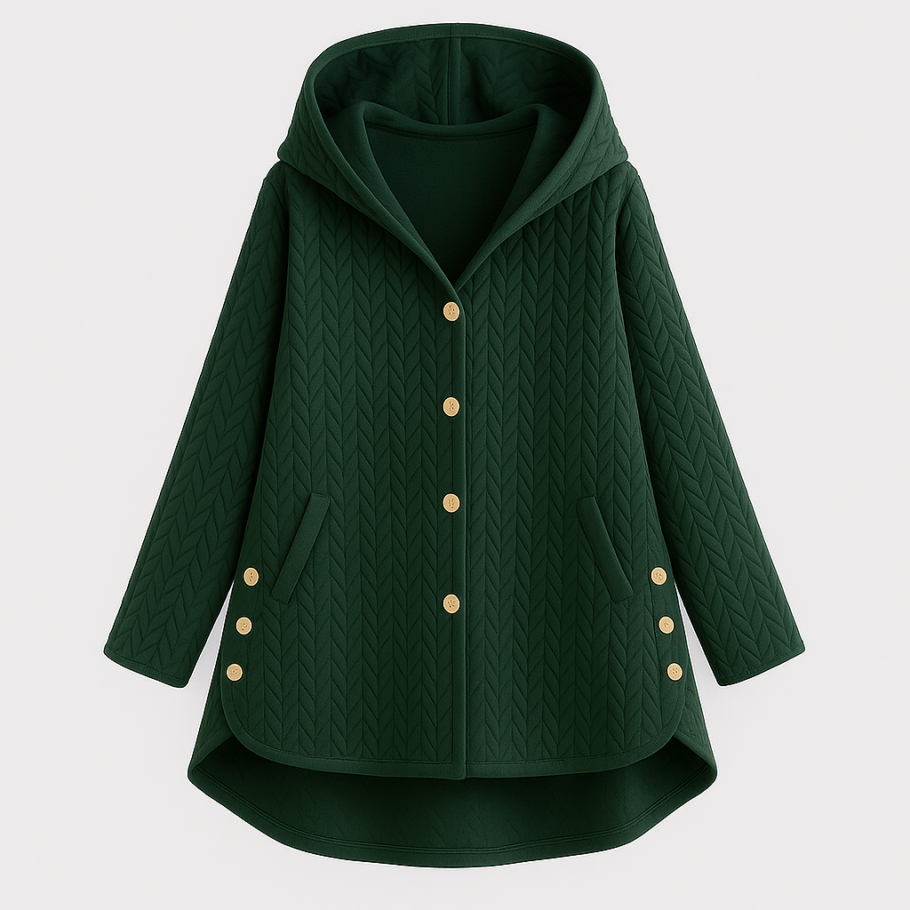Quilted hooded coat with button-down front and relaxed fit, designed for cozy everyday wear