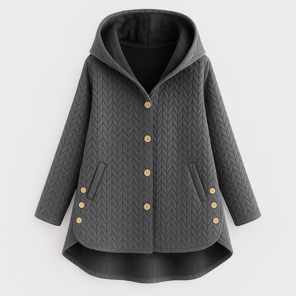 Quilted hooded coat with button-down front and relaxed fit, designed for cozy everyday wear