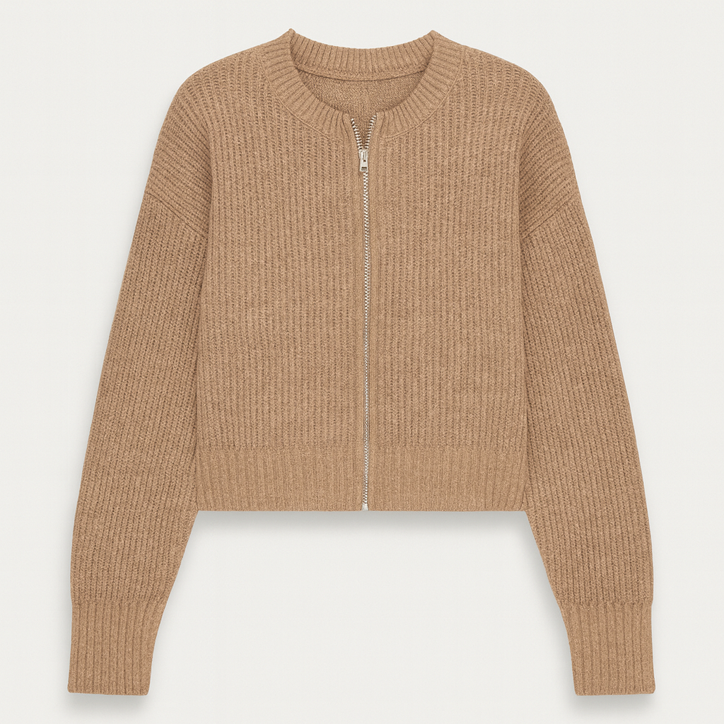 A taupe ribbed knit zip-up cardigan