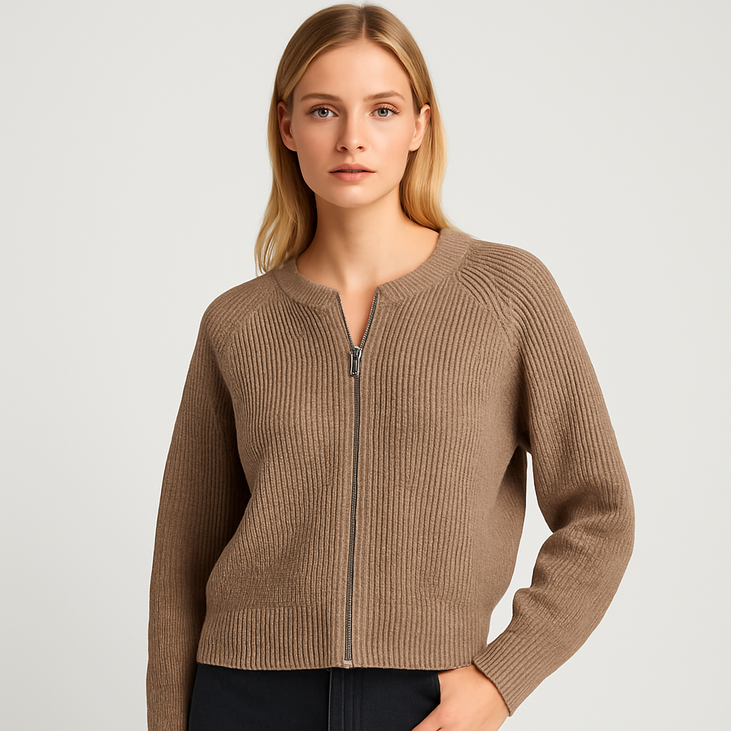 A taupe ribbed knit zip-up cardigan