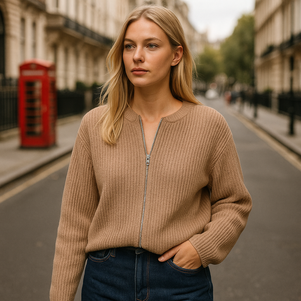 A taupe ribbed knit zip-up cardigan