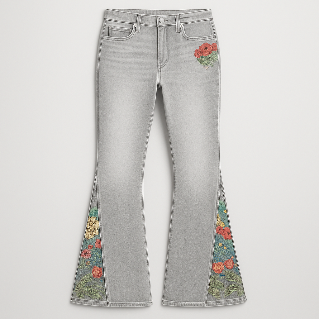 Flare jeans with floral embroidery detail styled for a modern bohemian look.