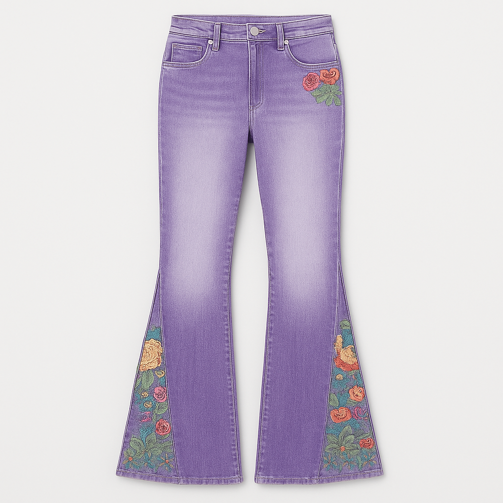 Flare jeans with floral embroidery detail styled for a modern bohemian look.