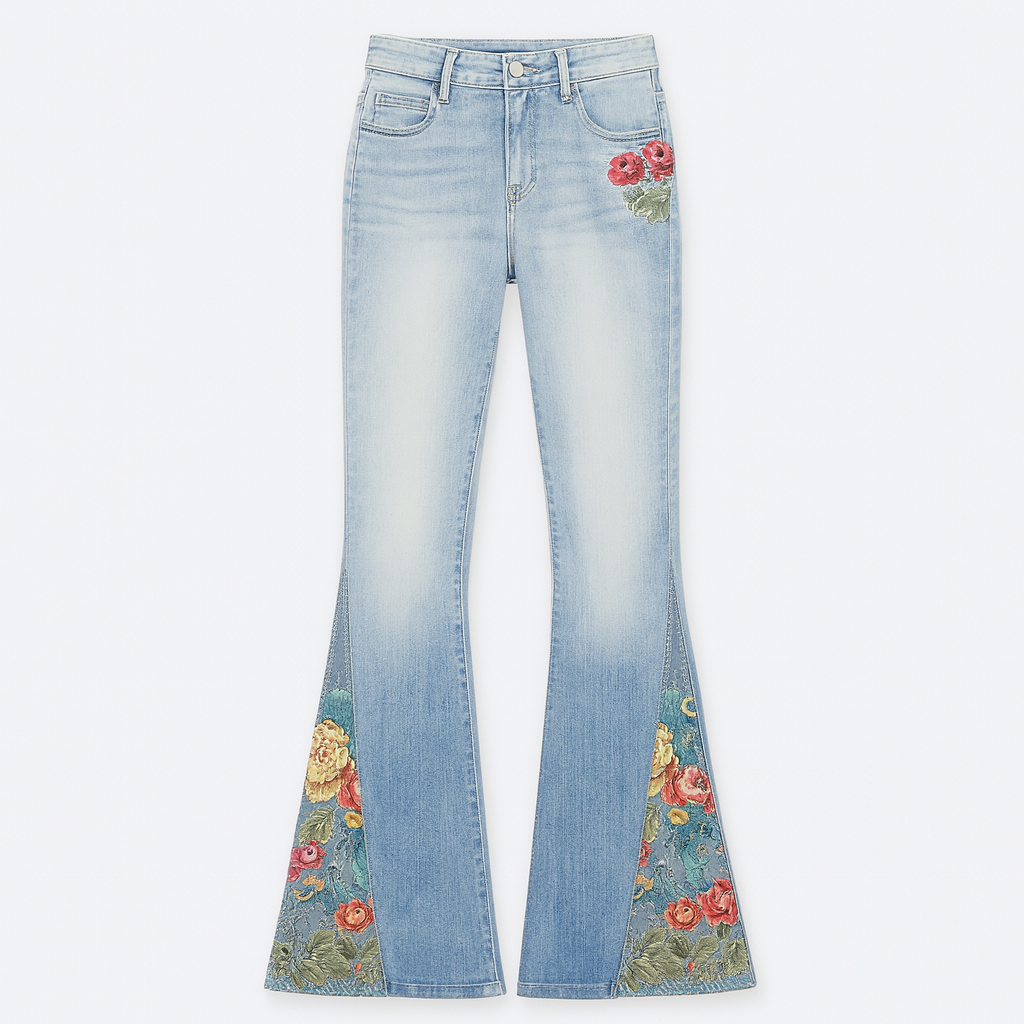 Flare jeans with floral embroidery detail styled for a modern bohemian look.