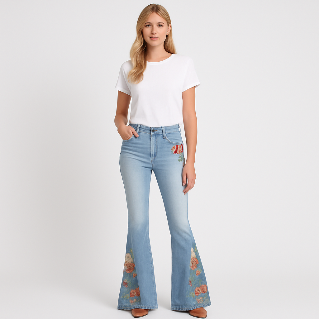 Flare jeans with floral embroidery detail styled for a modern bohemian look.