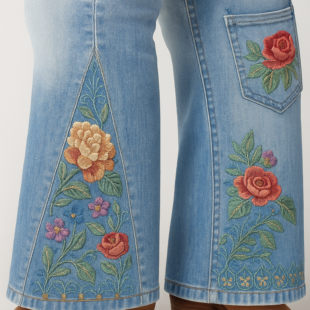 Flare jeans with floral embroidery detail styled for a modern bohemian look.
