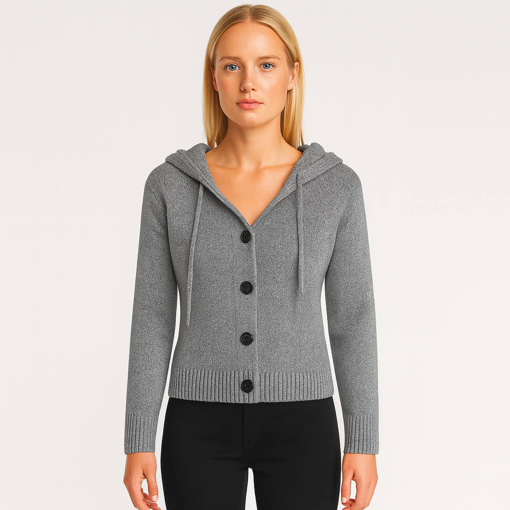 A knitted cardigan with a hood and drawstrings, front button closure with four black buttons, ribbed cuffs, and a ribbed hem.