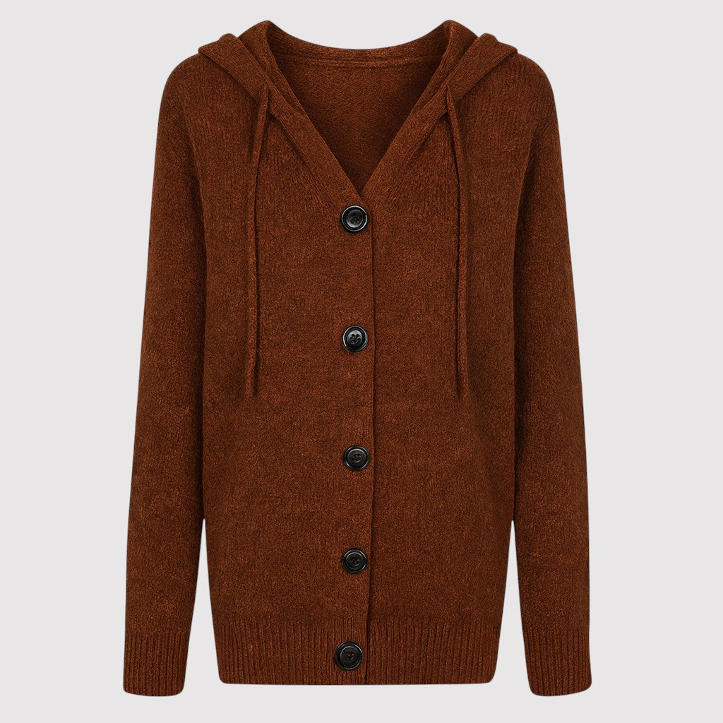 A knitted cardigan with a hood and drawstrings, front button closure with four black buttons, ribbed cuffs, and a ribbed hem.