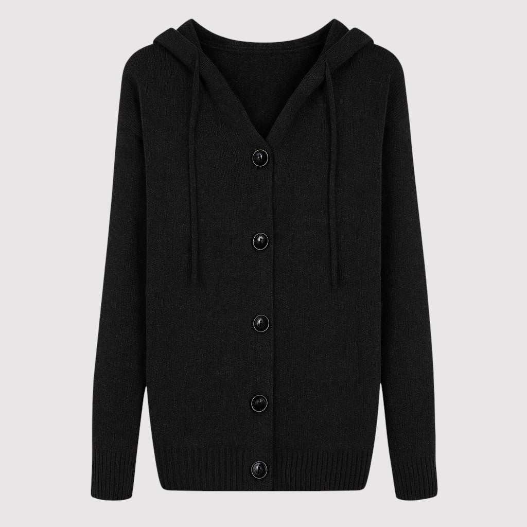 A knitted cardigan with a hood and drawstrings, front button closure with four black buttons, ribbed cuffs, and a ribbed hem.