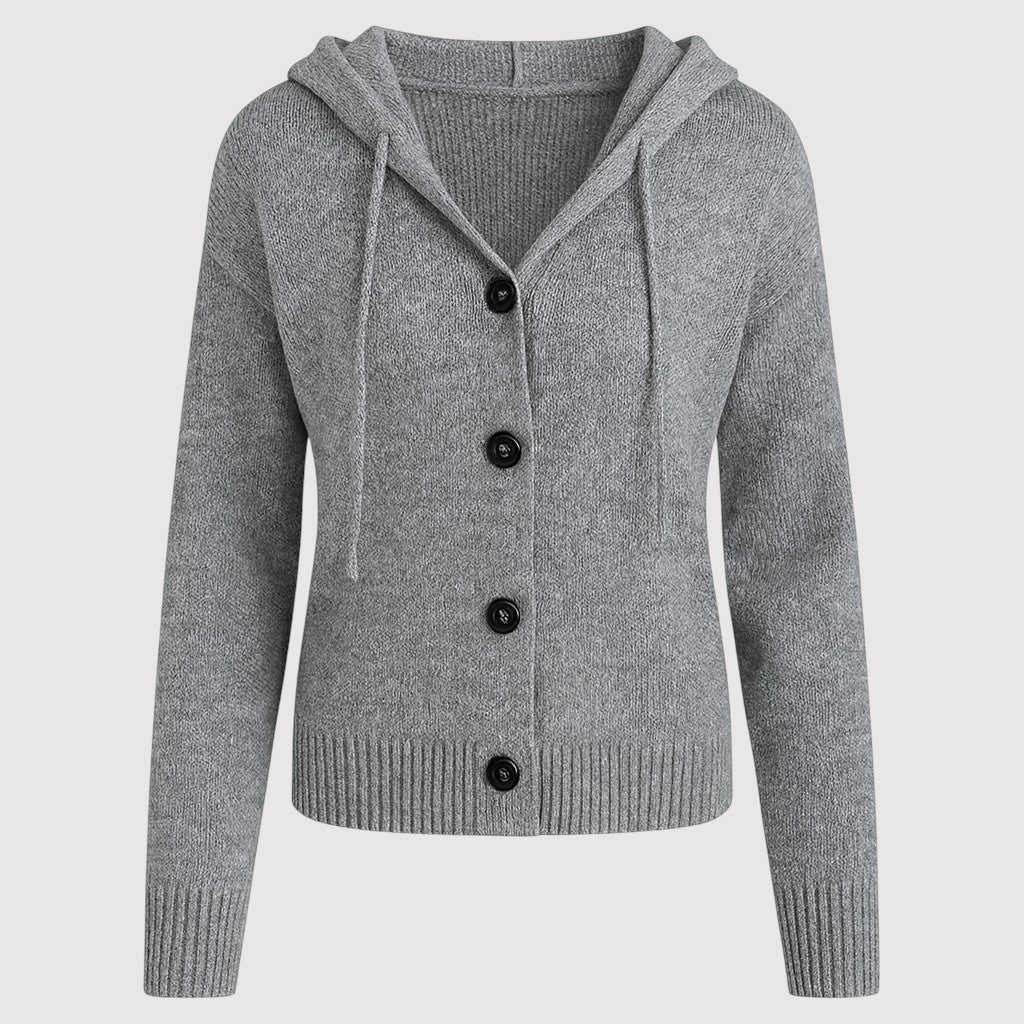 A knitted cardigan with a hood and drawstrings, front button closure with four black buttons, ribbed cuffs, and a ribbed hem.