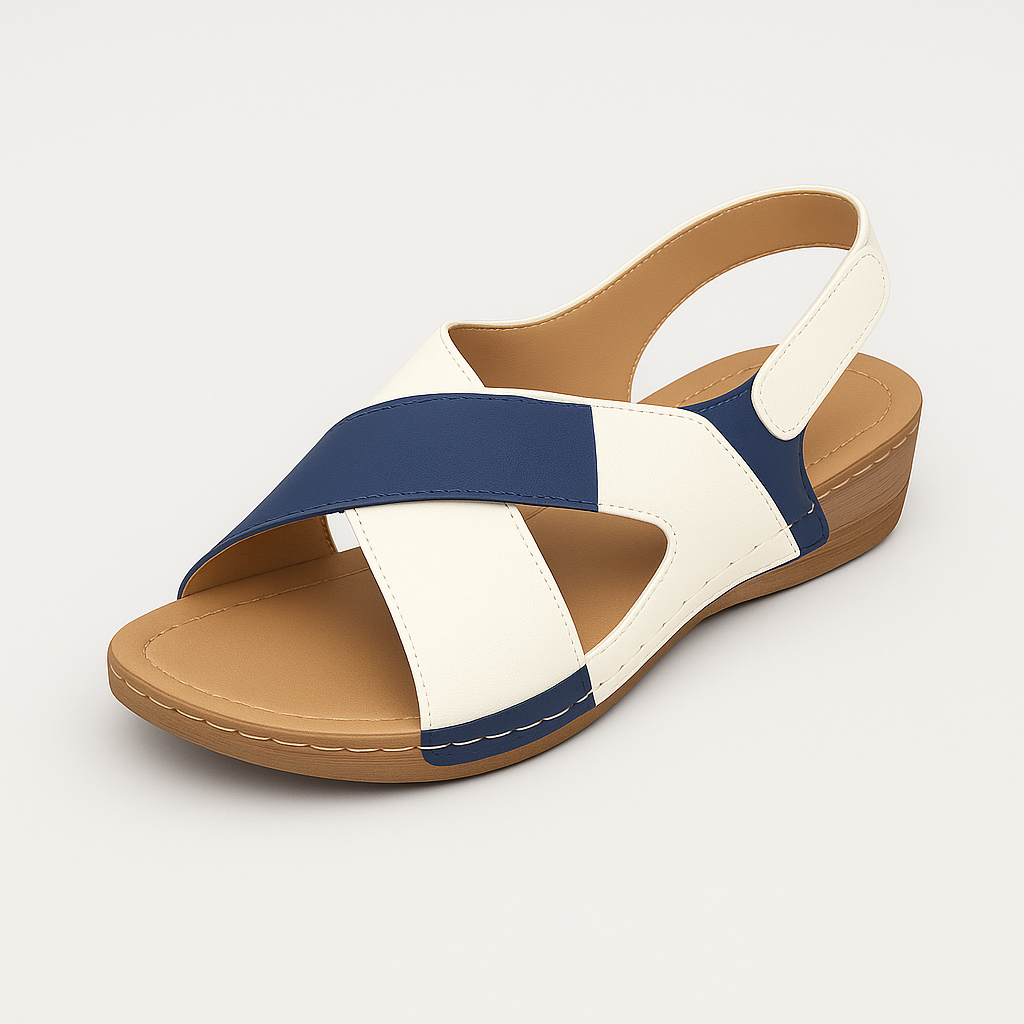 Two-tone wedge sandals with open toe, cross-strap design, and cushioned sole for casual summer wear