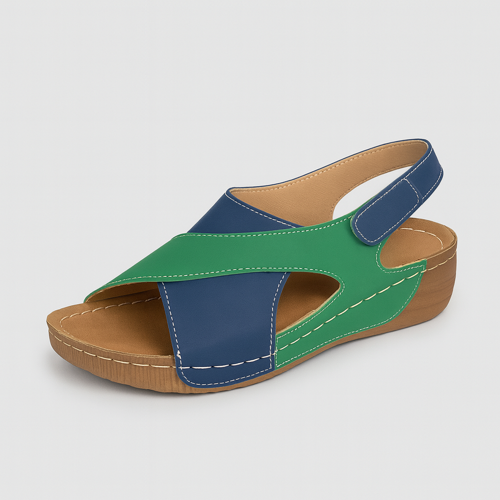 Two-tone wedge sandals with open toe, cross-strap design, and cushioned sole for casual summer wear