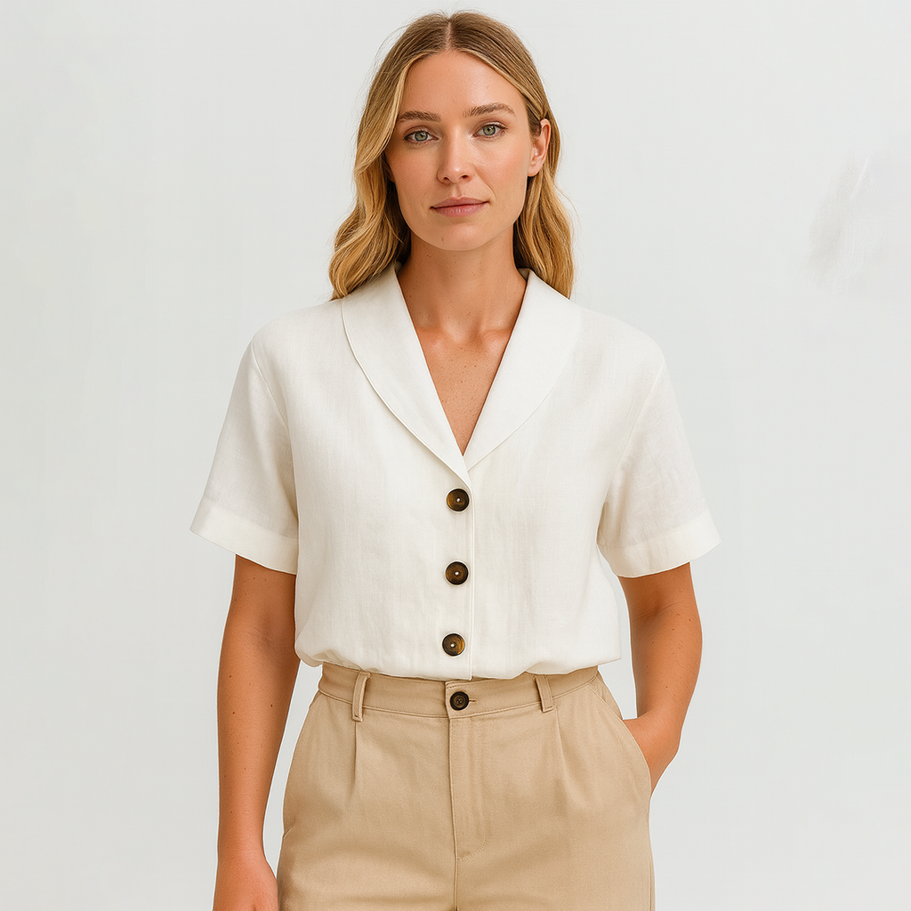 Linen-blend short sleeve blouse with wide collar and three-button front