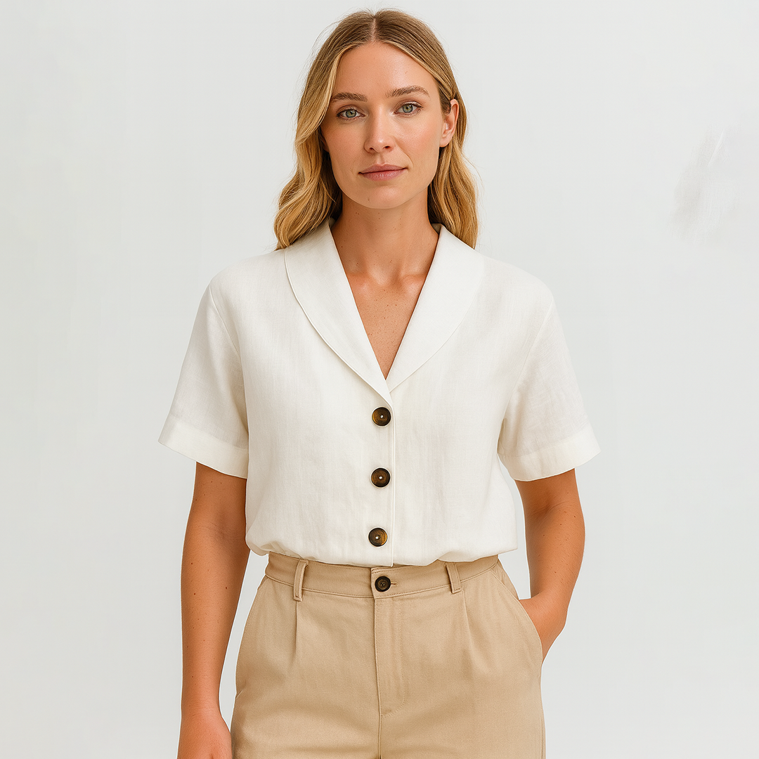Linen-blend short sleeve blouse with wide collar and three-button front