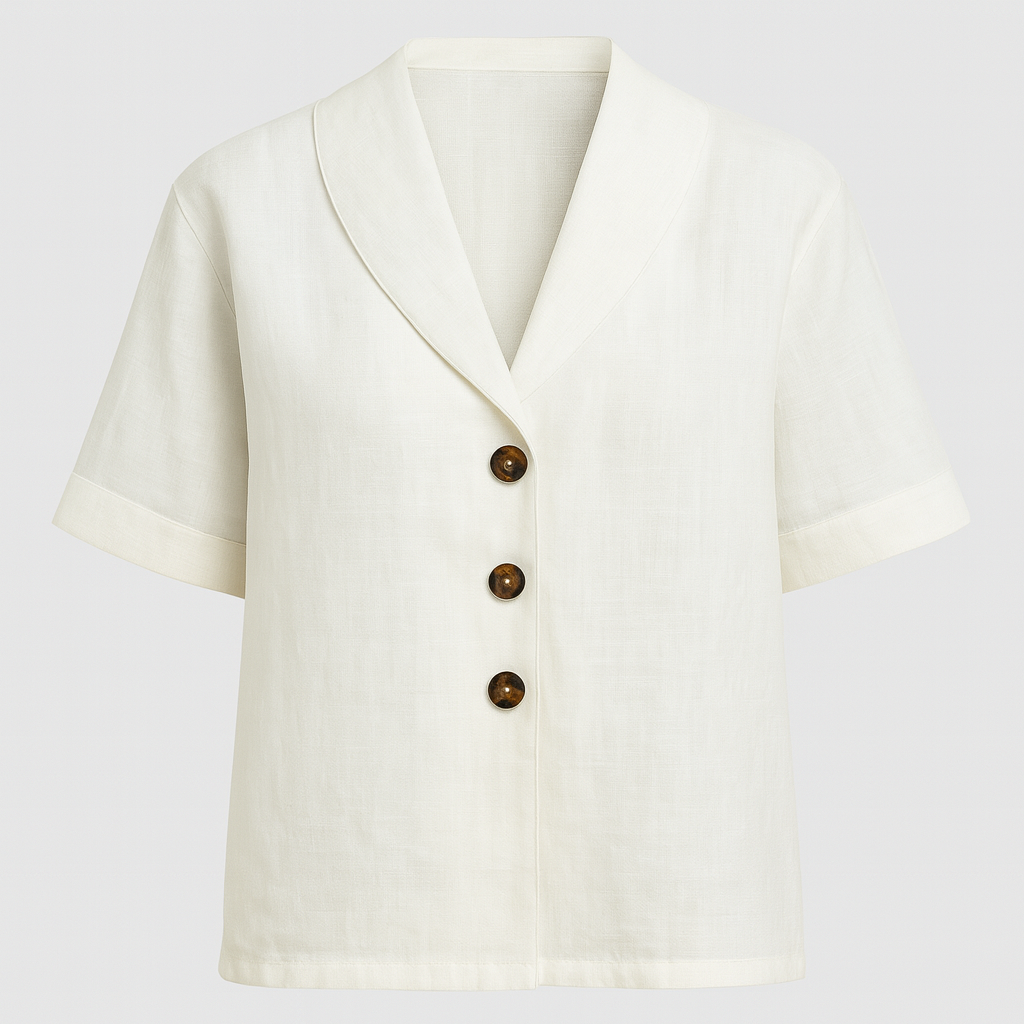 Linen-blend short sleeve blouse with wide collar and three-button front