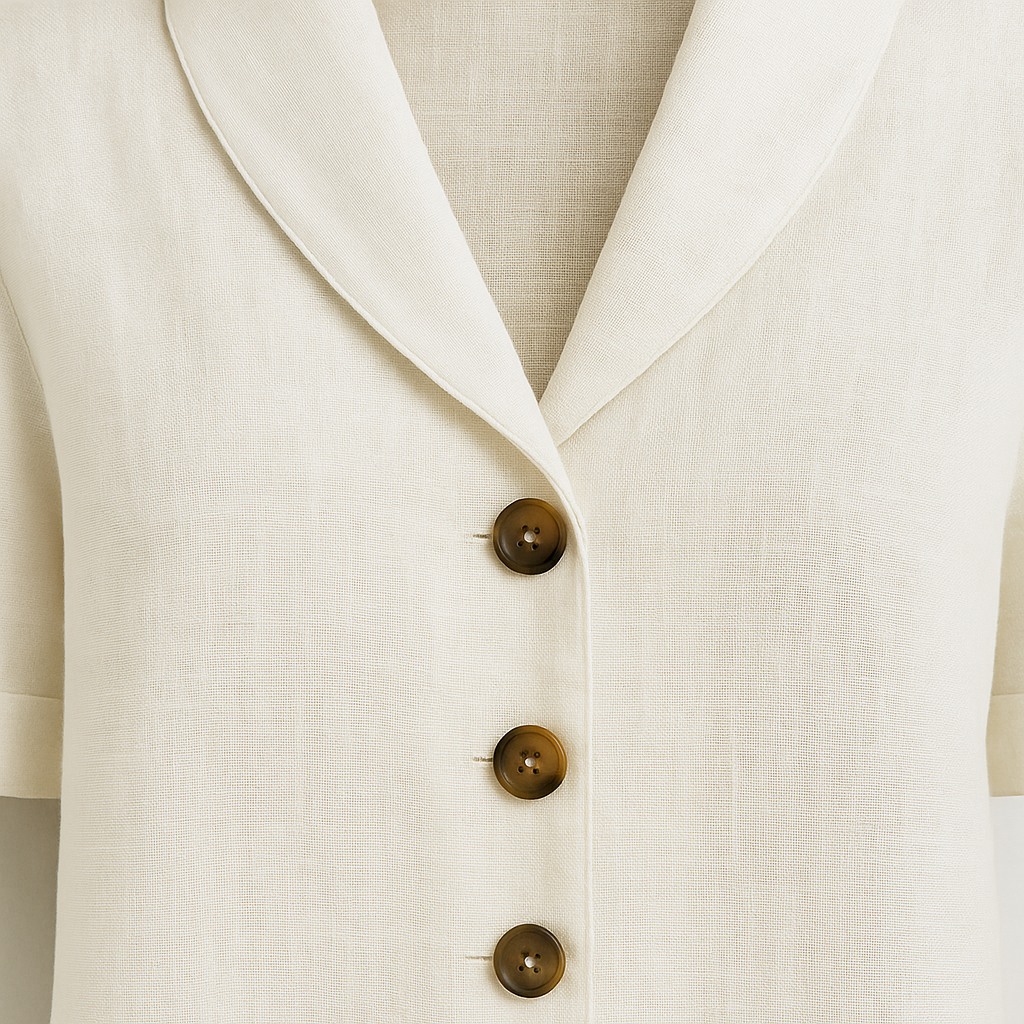 Linen-blend short sleeve blouse with wide collar and three-button front
