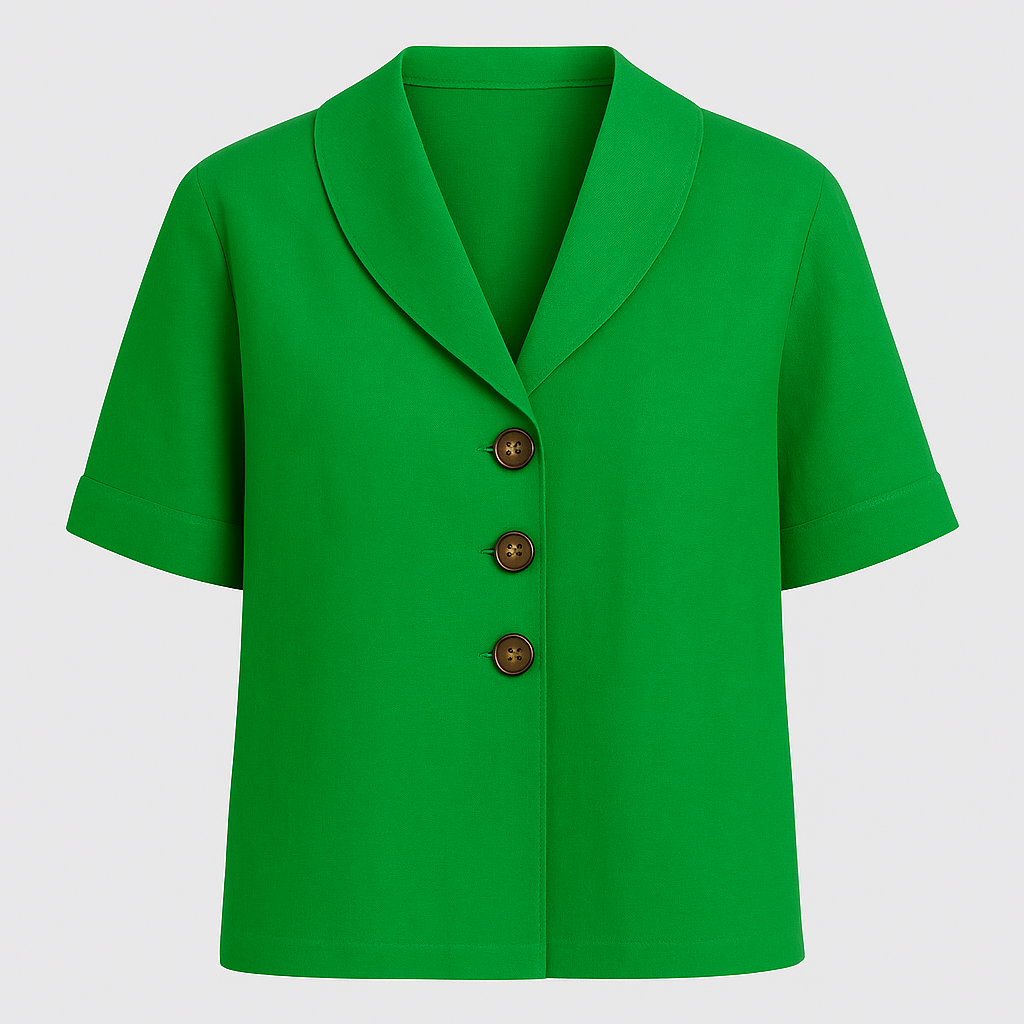 Linen-blend short sleeve blouse with wide collar and three-button front