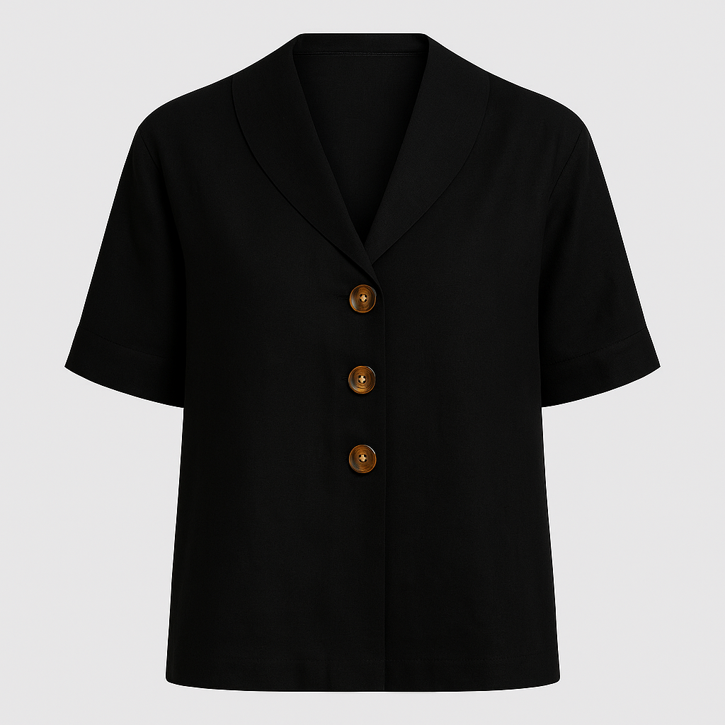 Linen-blend short sleeve blouse with wide collar and three-button front