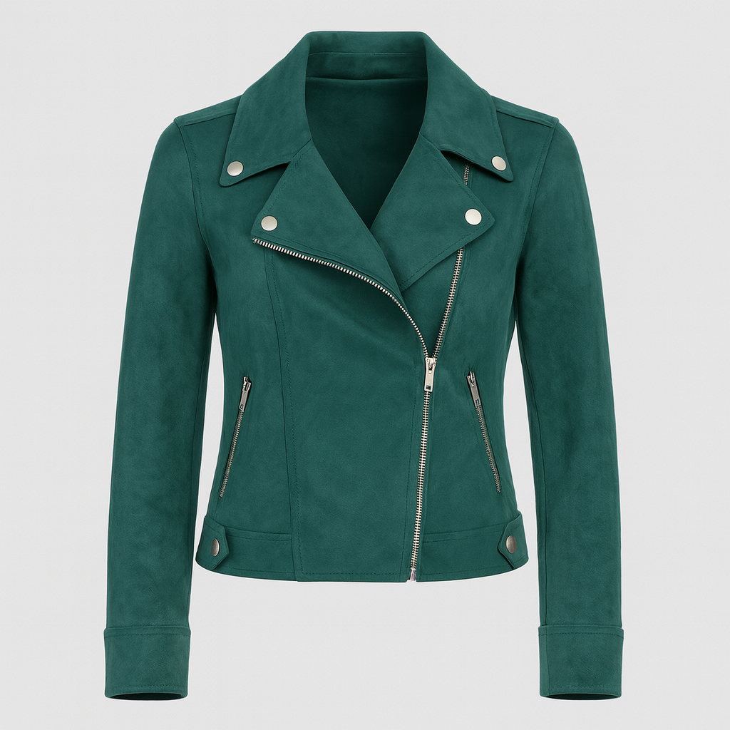 Moto-style jacket with asymmetrical zipper, notched lapel collar, and metallic hardware detailing designed for versatile layering